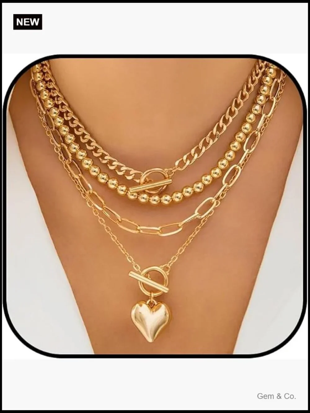 Layered Gold Heart Paperclip Necklace Set Chunky Trendy Party Jewelry